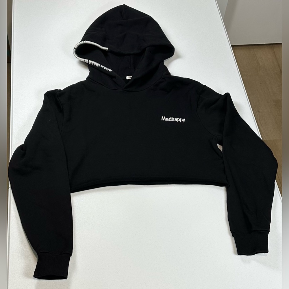 MADHAPPY Black Cropped Hoodie Women’s Sweatshirt Size Large Cotton